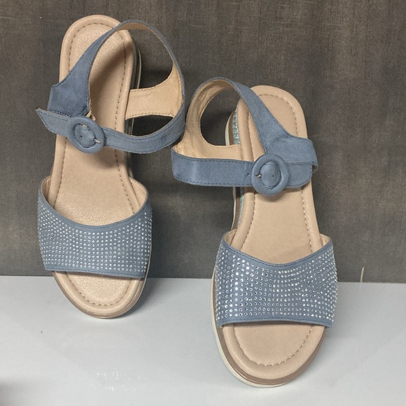 Clara Barson Silver Crystals Embellished Light Blue Suede Wedge Sandals 38EU 7.5 - Picture 5 of 14